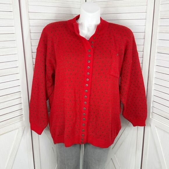 Venezia Vtg Swiss Dot Button Up Chunky Sweater Red Green 18 Christmas Cardigan - Picture 1 of 11